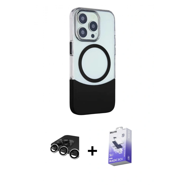 MARSİLYAN™- iPhone 15 Pro Kılıf Çekirdek Asil Özel Seri - Siyah Bilvis 5in1 5D Magic Hayalet Cam Ekran Koruyucu + Raze Metal Kamera Lens - GS
