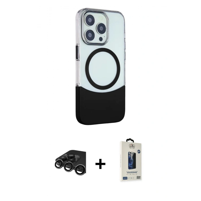 MARSİLYAN™- iPhone 15 Pro Kılıf Çekirdek Asil Özel Seri - Siyah Bilvis Hayalet Cam Ekran Koruyucu + Raze Metal Kamera Lens - TMGI