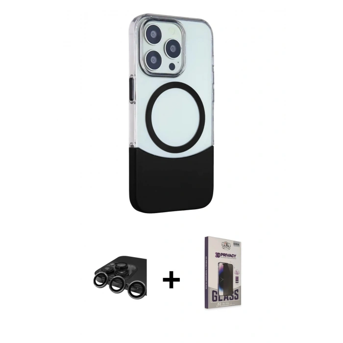 MARSİLYAN™- iPhone 15 Pro Kılıf Çekirdek Asil Özel Seri - Siyah Bilvis Hayalet Cam Ekran Koruyucu + Raze Metal Kamera Lens - TMGI