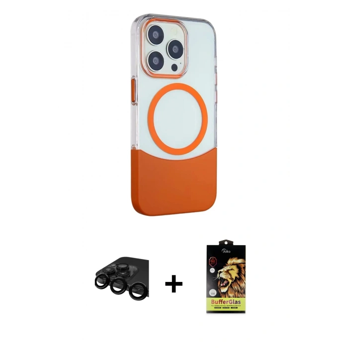 MARSİLYAN™- iPhone 15 Pro Kılıf Çekirdek Asil Özel Seri - Siyah Buffer Cam Ekran Koruyucu + Raze Metal Kamera Lens - SH