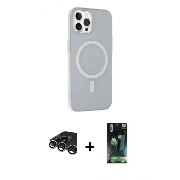 MARSİLYAN™- iPhone 15 Pro Kılıf Çekirdek Modern Prime - Şeffaf 360 Full Body Arka Koruyucu + Raze Metal Kamera Lens - GS
