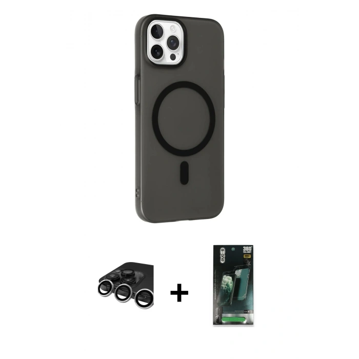 MARSİLYAN™- iPhone 15 Pro Kılıf Çekirdek Modern Prime - Şeffaf 360 Full Body Arka Koruyucu + Raze Metal Kamera Lens - GS