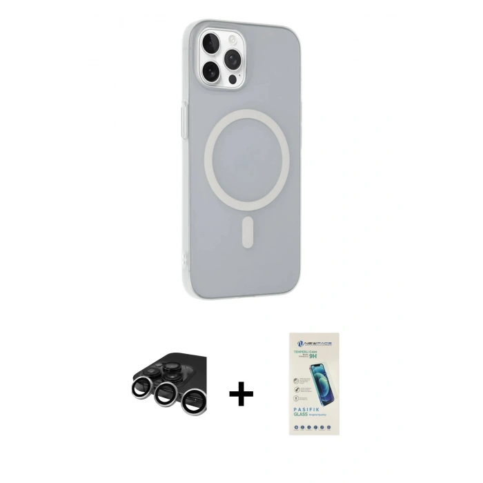 MARSİLYAN™- iPhone 15 Pro Kılıf Çekirdek Modern Prime - Şeffaf Pasifik Cam Ekran Koruyucu + Raze Metal Kamera Lens - GS