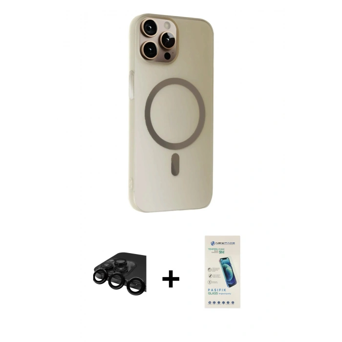 MARSİLYAN™- iPhone 15 Pro Kılıf Çekirdek Modern Prime - Şeffaf Pasifik Cam Ekran Koruyucu + Siyah Raze Metal Kamera Lens