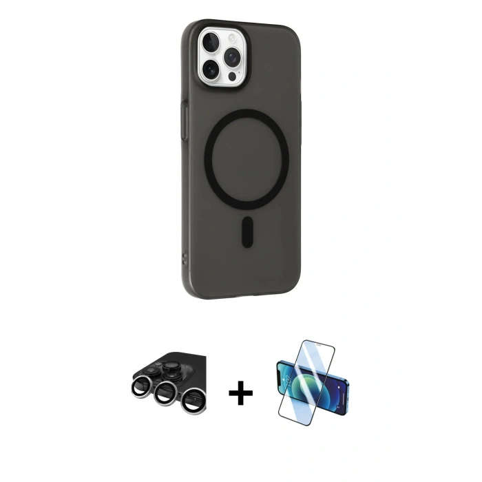 MARSİLYAN™- iPhone 15 Pro Kılıf Çekirdek Modern Prime - Siyah 3D Antistatik Cam Ekran Koruyucu + Gümüş Raze Metal Kamera Lens