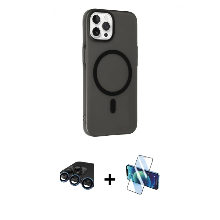 MARSİLYAN™- iPhone 15 Pro Kılıf Çekirdek Modern Prime - Siyah 3D Antistatik Cam Ekran Koruyucu + Raze Metal Kamera Lens - LT