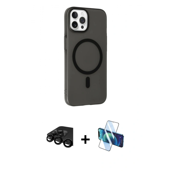 MARSİLYAN™- iPhone 15 Pro Kılıf Çekirdek Modern Prime - Siyah 3D Antistatik Cam Ekran Koruyucu + Raze Metal Kamera Lens - SH