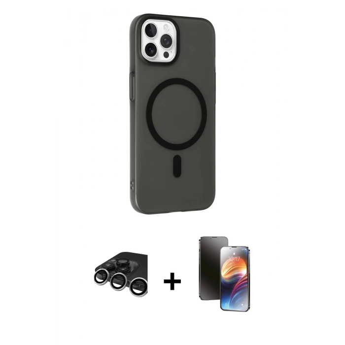 MARSİLYAN™- iPhone 15 Pro Kılıf Çekirdek Modern Prime - Siyah 3D Antistatik Mat Seramik Nano Ekran Koruyucu + Raze Metal Kamera Lens - GS