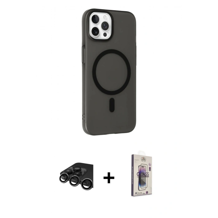 MARSİLYAN™- iPhone 15 Pro Kılıf Çekirdek Modern Prime - Siyah Bilvis 3D Cam Ekran Koruyucu + Raze Metal Kamera Lens - TMGI