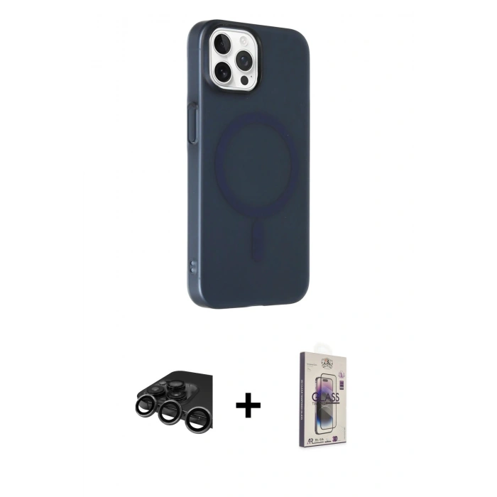 MARSİLYAN™- iPhone 15 Pro Kılıf Çekirdek Modern Prime - Siyah Bilvis 3D Cam Ekran Koruyucu + Raze Metal Kamera Lens - TMGI