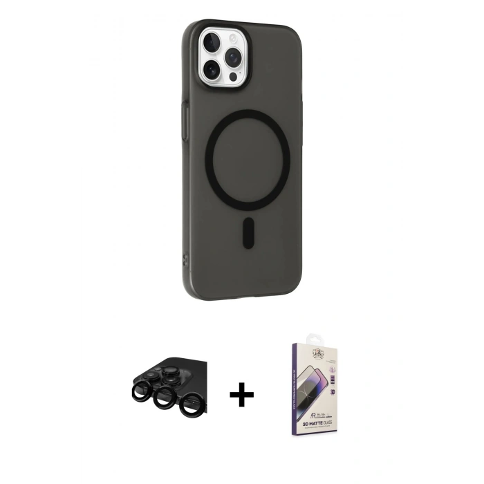 MARSİLYAN™- iPhone 15 Pro Kılıf Çekirdek Modern Prime - Siyah Bilvis 3D Mat Cam Ekran Koruyucu + Raze Metal Kamera Lens - SH