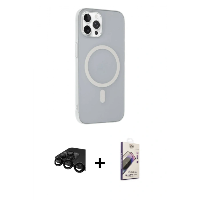 MARSİLYAN™- iPhone 15 Pro Kılıf Çekirdek Modern Prime - Siyah Bilvis 3D Mat Cam Ekran Koruyucu + Raze Metal Kamera Lens - SH