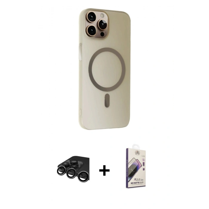 MARSİLYAN™- iPhone 15 Pro Kılıf Çekirdek Modern Prime - Siyah Bilvis 3D Mat Cam Ekran Koruyucu + Titanyum Gri Raze Metal Kamera Lens