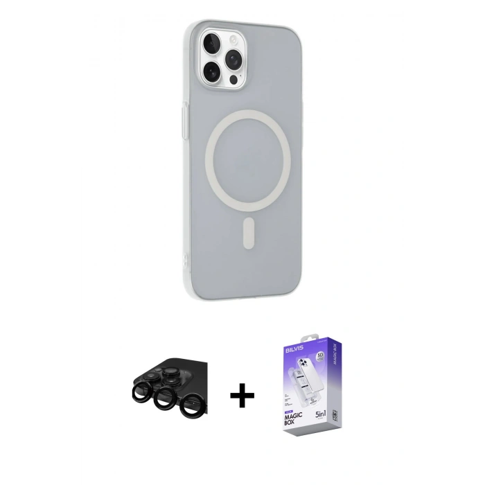 MARSİLYAN™- iPhone 15 Pro Kılıf Çekirdek Modern Prime - Siyah Bilvis 5in1 3D Magic Cam Ekran Koruyucu + Raze Metal Kamera Lens - SH