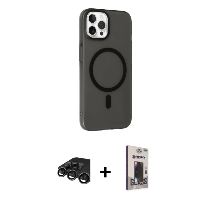 MARSİLYAN™- iPhone 15 Pro Kılıf Çekirdek Modern Prime - Siyah Bilvis Hayalet Cam Ekran Koruyucu + Raze Metal Kamera Lens - TMGI