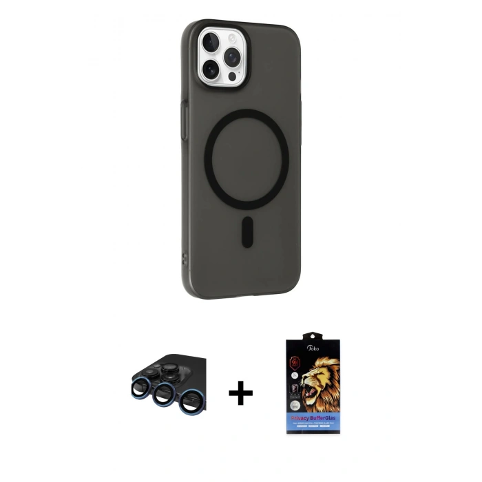 MARSİLYAN™- iPhone 15 Pro Kılıf Çekirdek Modern Prime - Siyah Buffer Hayalet Cam Ekran Koruyucu + Raze Metal Kamera Lens - LT
