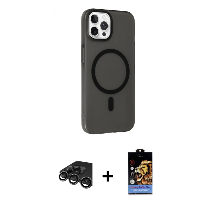 MARSİLYAN™- iPhone 15 Pro Kılıf Çekirdek Modern Prime - Siyah Buffer Hayalet Cam Ekran Koruyucu + Raze Metal Kamera Lens - TMGI