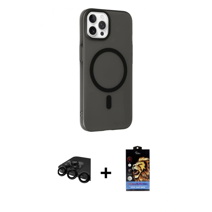 MARSİLYAN™- iPhone 15 Pro Kılıf Çekirdek Modern Prime - Siyah Buffer Hayalet Cam Ekran Koruyucu + Raze Metal Kamera Lens - SH