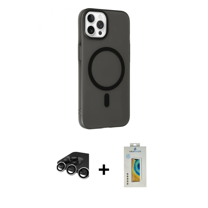 MARSİLYAN™- iPhone 15 Pro Kılıf Çekirdek Modern Prime - Siyah Polymer Nano Ekran Koruyucu + Raze Metal Kamera Lens - GS