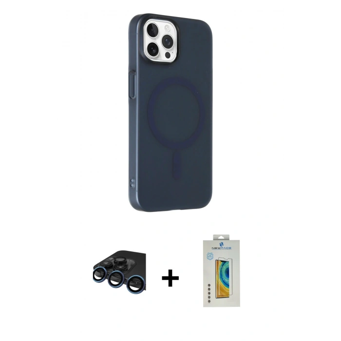 MARSİLYAN™- iPhone 15 Pro Kılıf Çekirdek Modern Prime - Siyah Polymer Nano Ekran Koruyucu + Lacivert Raze Metal Kamera Lens