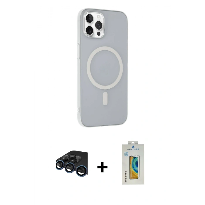 MARSİLYAN™- iPhone 15 Pro Kılıf Çekirdek Modern Prime - Siyah Polymer Nano Ekran Koruyucu + Lacivert Raze Metal Kamera Lens