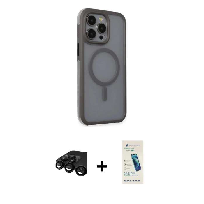 MARSİLYAN™- iPhone 15 Pro Kılıf Çekirdek Yansıma Prime - Şeffaf Pasifik Cam Ekran Koruyucu + Raze Metal Kamera Lens - SH