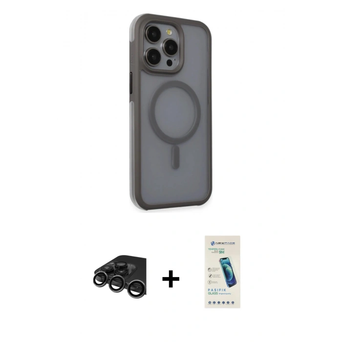 MARSİLYAN™- iPhone 15 Pro Kılıf Çekirdek Yansıma Prime - Şeffaf Pasifik Cam Ekran Koruyucu + Raze Metal Kamera Lens - TMGI