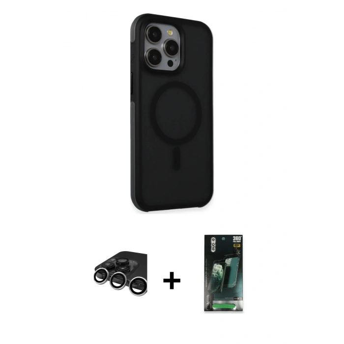 MARSİLYAN™- iPhone 15 Pro Kılıf Çekirdek Yansıma Prime - Siyah 360 Mat Full Body Arka Koruyucu + Raze Metal Kamera Lens - GS