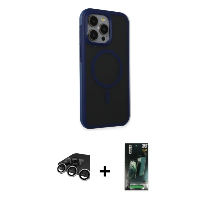 MARSİLYAN™- iPhone 15 Pro Kılıf Çekirdek Yansıma Prime - Siyah 360 Mat Full Body Arka Koruyucu + Raze Metal Kamera Lens - GS