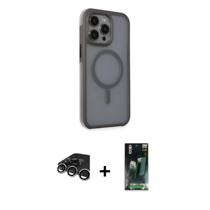 MARSİLYAN™- iPhone 15 Pro Kılıf Çekirdek Yansıma Prime - Siyah 360 Mat Full Body Arka Koruyucu + Raze Metal Kamera Lens - GS