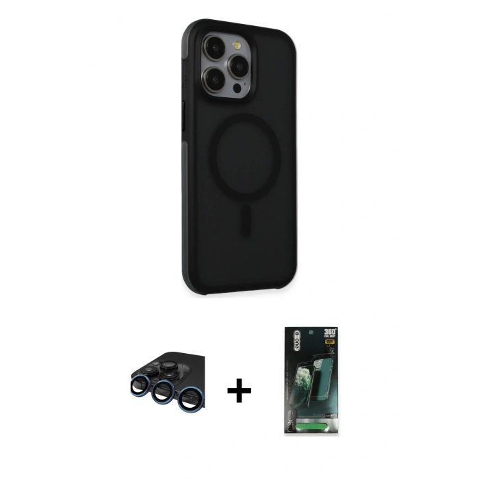 MARSİLYAN™- iPhone 15 Pro Kılıf Çekirdek Yansıma Prime - Siyah 360 Mat Full Body Arka Koruyucu + Raze Metal Kamera Lens - LT