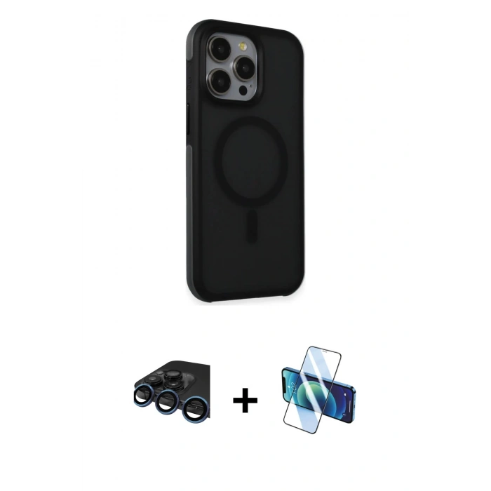 MARSİLYAN™- iPhone 15 Pro Kılıf Çekirdek Yansıma Prime - Siyah 3D Antistatik Cam Ekran Koruyucu + Raze Metal Kamera Lens - LT
