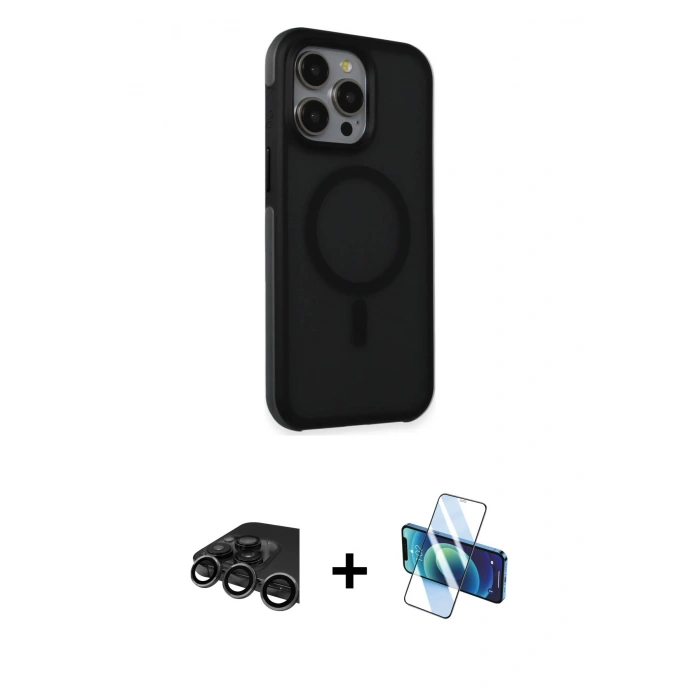 MARSİLYAN™- iPhone 15 Pro Kılıf Çekirdek Yansıma Prime - Siyah 3D Antistatik Cam Ekran Koruyucu + Raze Metal Kamera Lens - TMGI