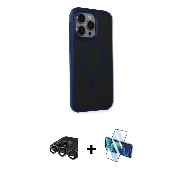MARSİLYAN™- iPhone 15 Pro Kılıf Çekirdek Yansıma Prime - Siyah 3D Antistatik Cam Ekran Koruyucu + Raze Metal Kamera Lens - TMGI
