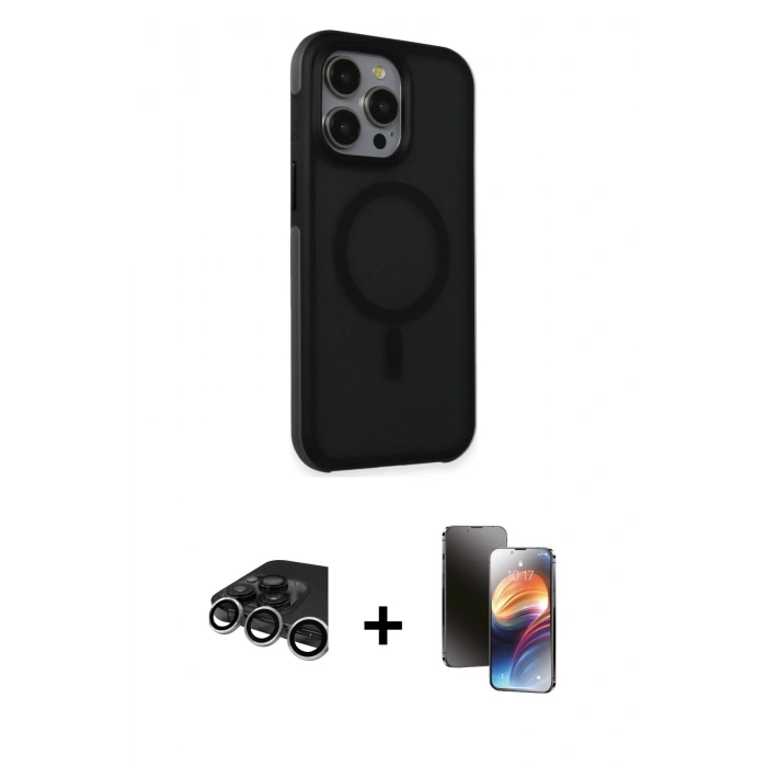 MARSİLYAN™- iPhone 15 Pro Kılıf Çekirdek Yansıma Prime - Siyah 3D Antistatik Mat Seramik Nano Ekran Koruyucu + Gümüş Raze Metal Kamera Lens