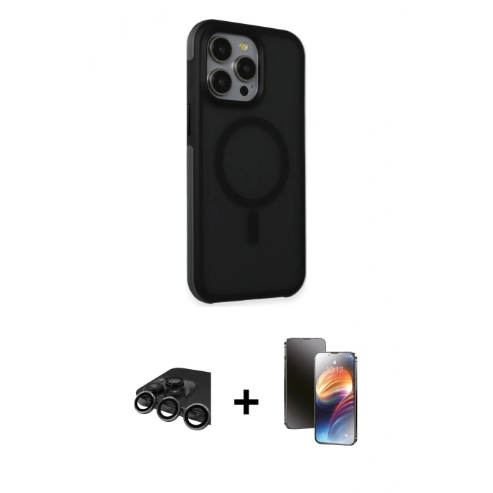 MARSİLYAN™- iPhone 15 Pro Kılıf Çekirdek Yansıma Prime - Siyah 3D Antistatik Mat Seramik Nano Ekran Koruyucu + Titanyum Gri Raze Metal Kamera Lens