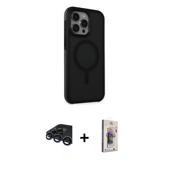 MARSİLYAN™- iPhone 15 Pro Kılıf Çekirdek Yansıma Prime - Siyah Bilvis 3D Cam Ekran Koruyucu + Raze Metal Kamera Lens - LT