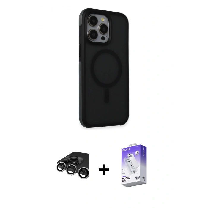 MARSİLYAN™- iPhone 15 Pro Kılıf Çekirdek Yansıma Prime - Siyah Bilvis 5in1 3D Magic Cam Ekran Koruyucu + Raze Metal Kamera Lens - GS