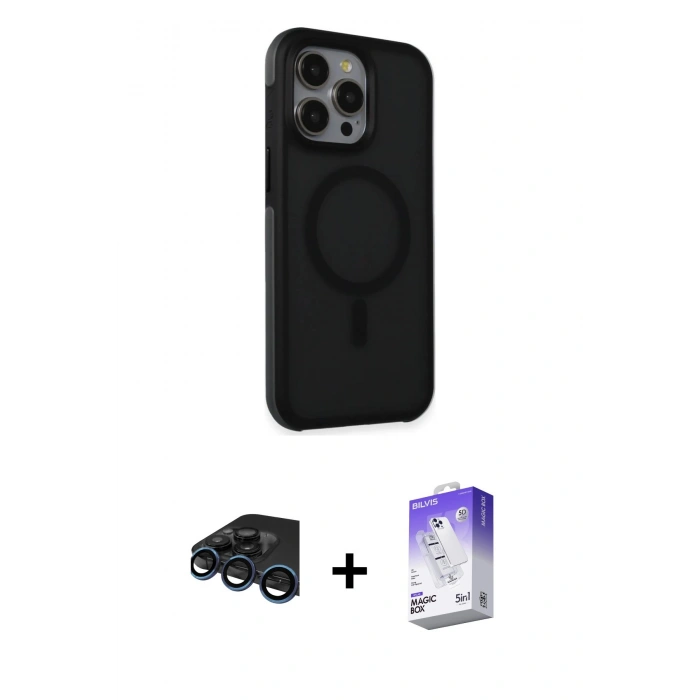 MARSİLYAN™- iPhone 15 Pro Kılıf Çekirdek Yansıma Prime - Siyah Bilvis 5in1 3D Magic Cam Ekran Koruyucu + Raze Metal Kamera Lens - LT