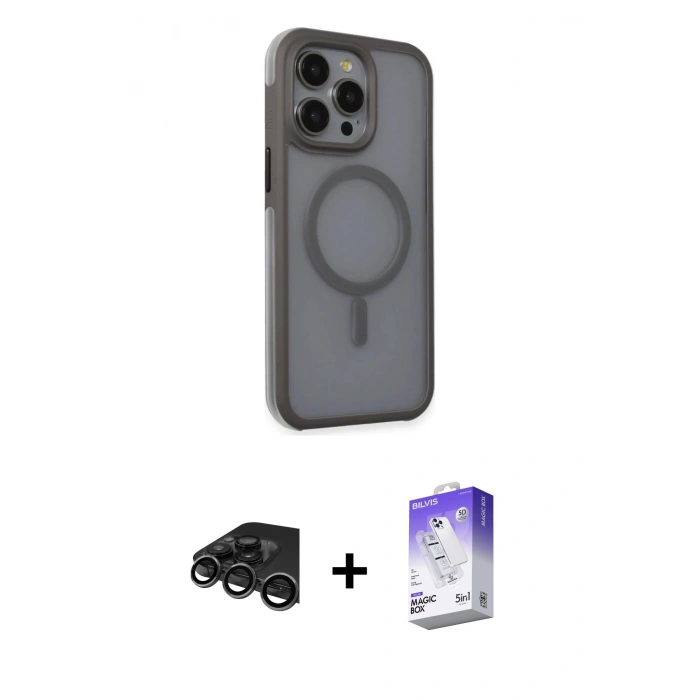 MARSİLYAN™- iPhone 15 Pro Kılıf Çekirdek Yansıma Prime - Siyah Bilvis 5in1 3D Magic Cam Ekran Koruyucu + Raze Metal Kamera Lens - TMGI