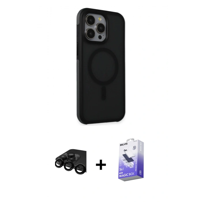 MARSİLYAN™- iPhone 15 Pro Kılıf Çekirdek Yansıma Prime - Siyah Bilvis 5in1 5D Magic Hayalet Cam Ekran Koruyucu + Raze Metal Kamera Lens - SH