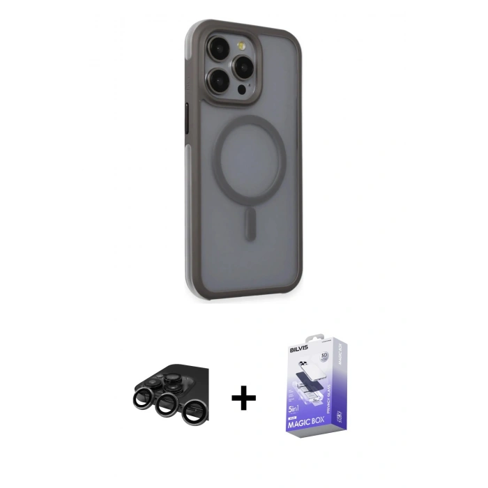 MARSİLYAN™- iPhone 15 Pro Kılıf Çekirdek Yansıma Prime - Siyah Bilvis 5in1 5D Magic Hayalet Cam Ekran Koruyucu + Raze Metal Kamera Lens - TMGI