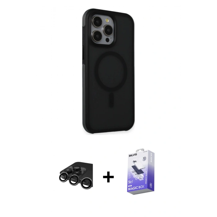 MARSİLYAN™- iPhone 15 Pro Kılıf Çekirdek Yansıma Prime - Siyah Bilvis 5in1 5D Magic Hayalet Cam Ekran Koruyucu + Raze Metal Kamera Lens - TMGI