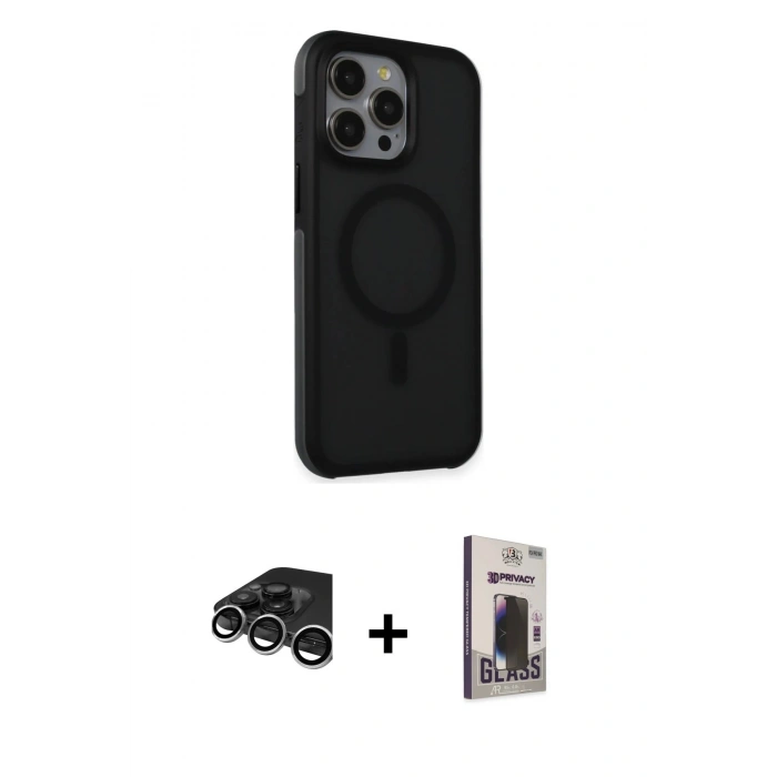MARSİLYAN™- iPhone 15 Pro Kılıf Çekirdek Yansıma Prime - Siyah Bilvis Hayalet Cam Ekran Koruyucu + Raze Metal Kamera Lens - GS