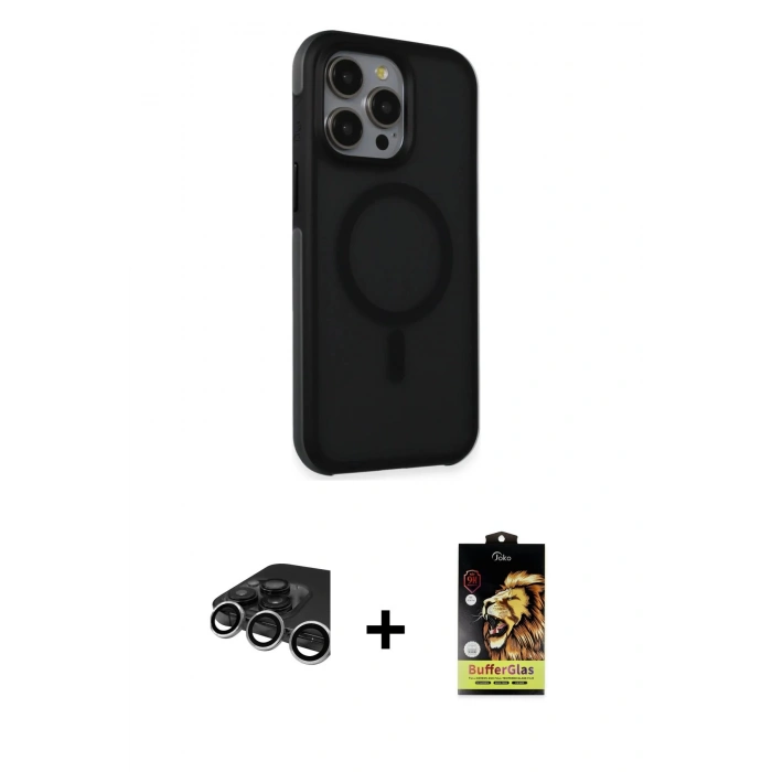 MARSİLYAN™- iPhone 15 Pro Kılıf Çekirdek Yansıma Prime - Siyah Buffer Cam Ekran Koruyucu + Raze Metal Kamera Lens - GS