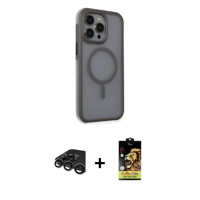 MARSİLYAN™- iPhone 15 Pro Kılıf Çekirdek Yansıma Prime - Siyah Buffer Cam Ekran Koruyucu + Raze Metal Kamera Lens - TMGI