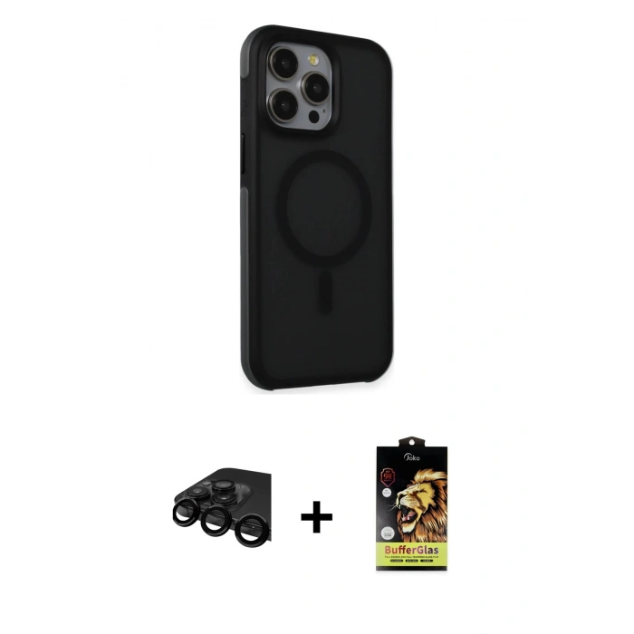 MARSİLYAN™- iPhone 15 Pro Kılıf Çekirdek Yansıma Prime - Siyah Buffer Cam Ekran Koruyucu + Raze Metal Kamera Lens - SH