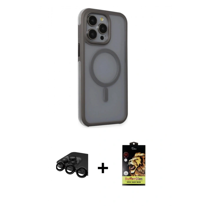 MARSİLYAN™- iPhone 15 Pro Kılıf Çekirdek Yansıma Prime - Siyah Buffer Cam Ekran Koruyucu + Raze Metal Kamera Lens - SH