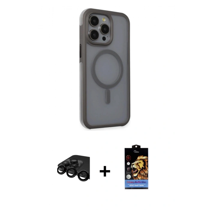 MARSİLYAN™- iPhone 15 Pro Kılıf Çekirdek Yansıma Prime - Siyah Buffer Hayalet Cam Ekran Koruyucu + Siyah Raze Metal Kamera Lens