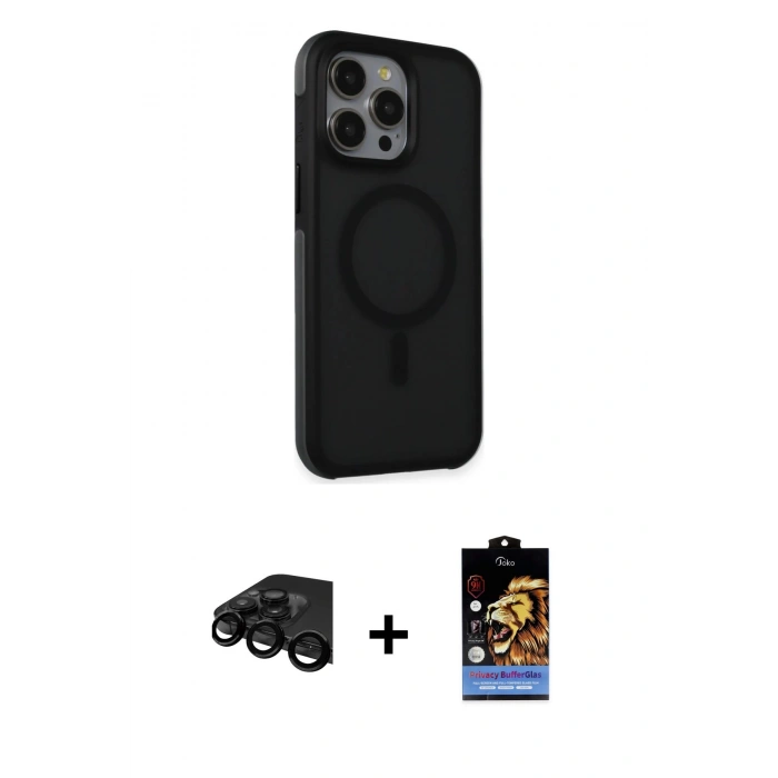 MARSİLYAN™- iPhone 15 Pro Kılıf Çekirdek Yansıma Prime - Siyah Buffer Hayalet Cam Ekran Koruyucu + Siyah Raze Metal Kamera Lens